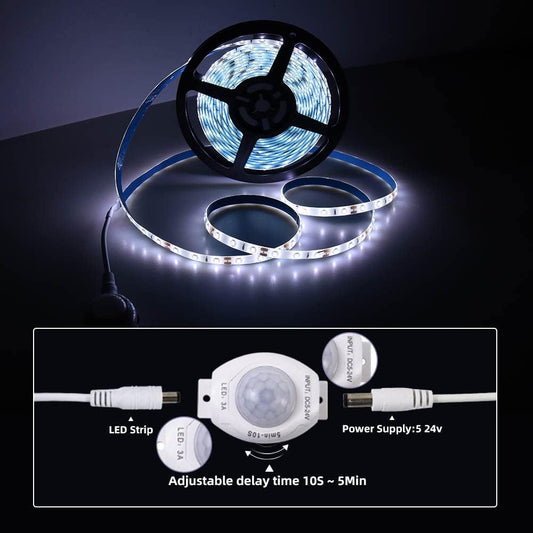 16.4ft (5m) Motion Activated LED Strip Lights, Warm White 12v Plug-in LED Rope Lights Waterproof for Under Cabinet,Kitchen,Stair