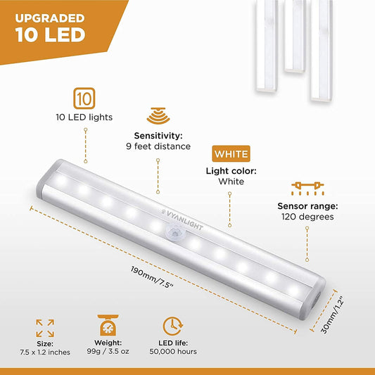 VYANLIGHT Under Cabinet Lighting – Motion Sensor Closet Lights, Battery Operated LED Strip Light Bar, Stick-On Wireless Indoor Lights for Kitchen, Pantry, Hallway, Stairs, 4 Pack