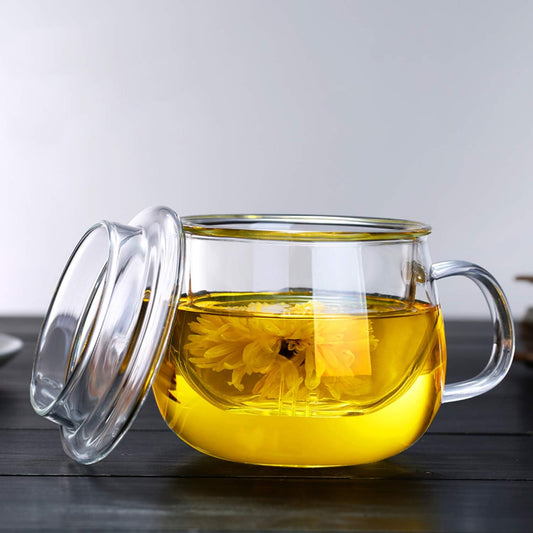 Glass Tea Infuser Cup with Lids and Handle for Blooming & Loose Leaf, 14oz | Borosilicate, Heat Resistance, Lead-free, Microwave & Dishwasher Safe