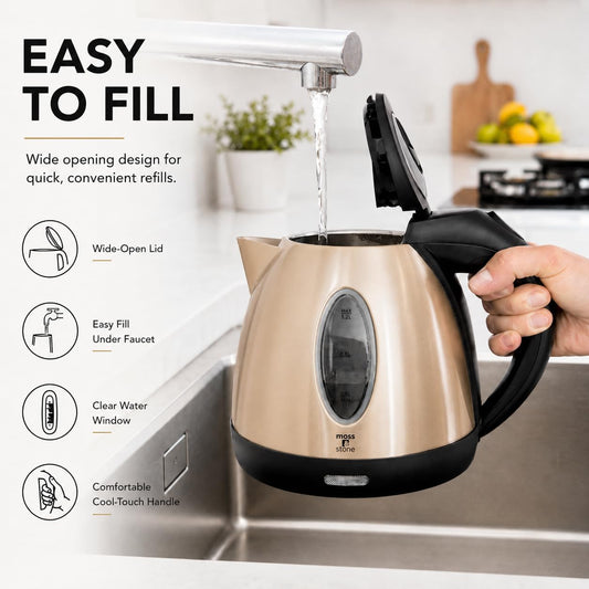 Moss & Stone Red Stainless Steel Electric Kettle, 1.2L Cordless 1500W | Small, portable hot water tea kettle, fast boiling pot, boil-dry protection, auto shut-off, blue Illuminate LED light