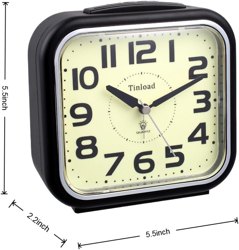 Tinload 5.5" Large Analog Alarm Clock Silent Non Ticking, Glow in Dark dial, Gentle Wake, Beep Sounds, Increasing Volume, Battery Operated Snooze and Manual Light, Easy Set (Best for Elder)