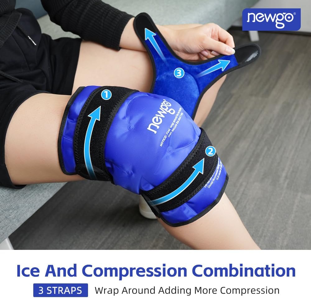 NEWGO Ice Pack for Knees Injuries Reusable, 360° Full Wrap, Blue | Y-shaped Strap Stays Put, Reusable for Knee Replacement, ACL, Arthritis, Swelling, and Sports Injuries, 21.7" x 9.8"