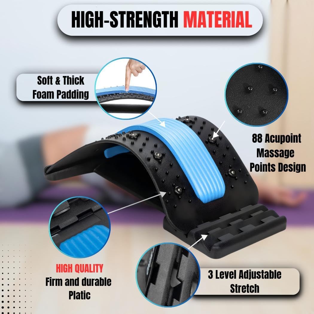 Adjustable Back Stretcher with 3 Levels Lumbar Traction Device with Acupressure Points for Lower Back Pain Relief, Spine Alignment, Flexibility & Daily Support