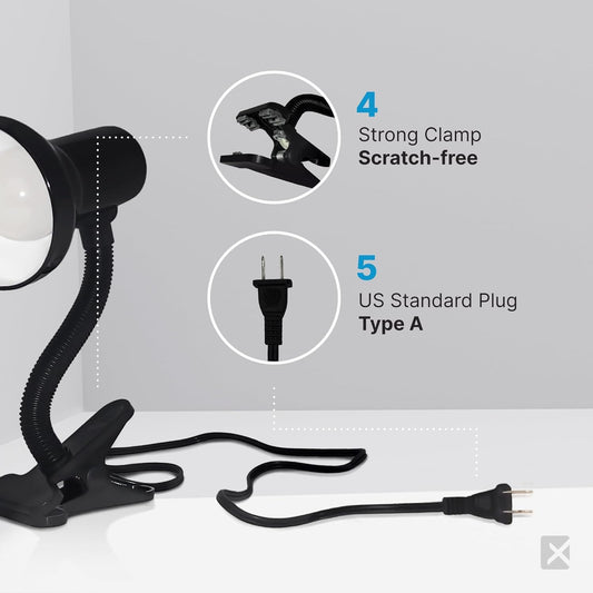 Xtricity LED Clip on Desk Lamp with 360° Flexible Gooseneck (Black Finish) | Reading Light for Bed Headboard– A19 Bulb Included, 120V, On/Off Switch, 10.25” Height Table Lamp