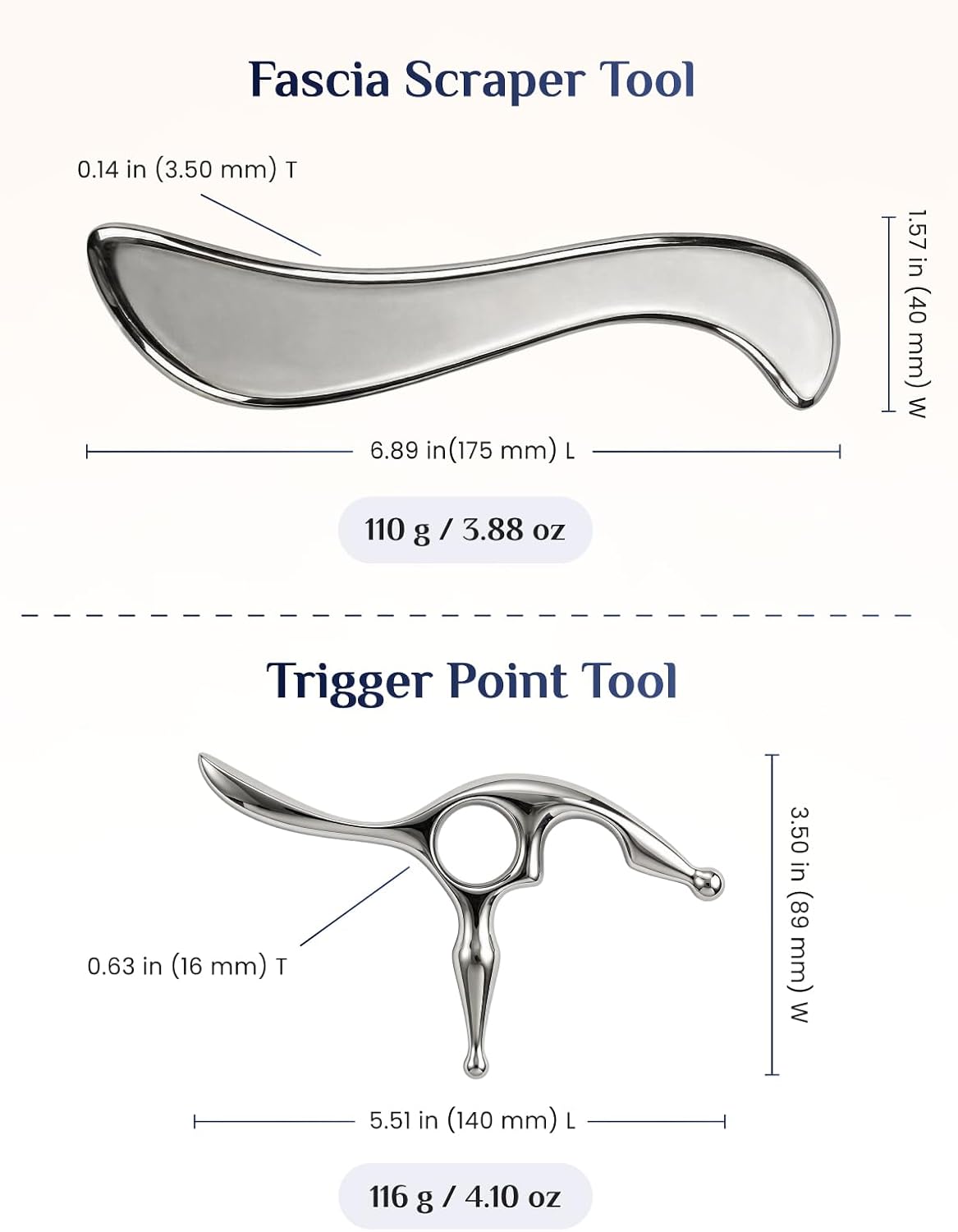 Rena Chris Trigger Point Massage Tool & Muscle Scraper Tool, Stainless Steel Body Gua Sha Tool for Deep Tissue Pain Relief & Fascia Release, with Travel Pouch & Guide (2-Piece Kit)