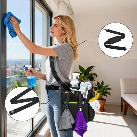 Ytonet Wearable Cleaning Caddy Bag, Large Cleaning Supplies Organizer, Blue | with 4 Foldable Dividers, Shoulder Strap&Waist Strap, Professional Cleaning Bag with Handle for Kitchen Housekeepers Cleaners