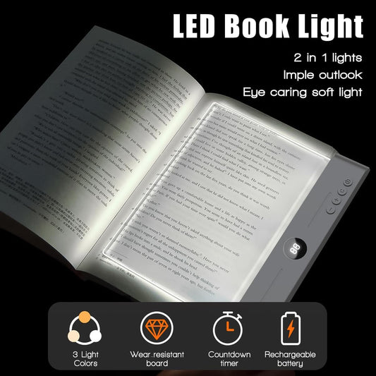 Flat Book Light,2026 Upgrade, Book Light Treasure Box, Reading in Bed at Night with 3 Colors & Timer, Dimmable Panel Plate Book Lamp Full Page Light, Bookish Gifts for Book Lovers