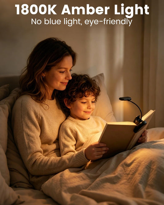 Klarlight 1800K Amber Rechargeable Book Light for Reading at Night, Eye-Caring with No Blue Light, Stepless Dimming & Memory Function, Lightweight Clip On Reading Lamp for Kids and Adults