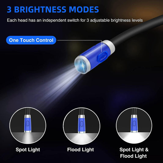 Neck Reading Light, Rechargeable Book Light for Reading in Bed, 3 Brightness Modes, Bendable Arms, Long Lasting, Perfect for Reading, Knitting, Camping, Repairing (Blue