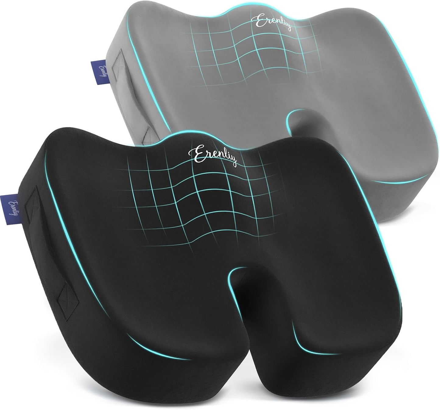 2 Pack Seat Cushion Memory Foam for Office Chairs& Car, Black and Gray | Chair Cushions Firmer Support for Long Sitting, Ergonomic Design for Sciatica and Tailbone Pain Relief, Non-slip Base