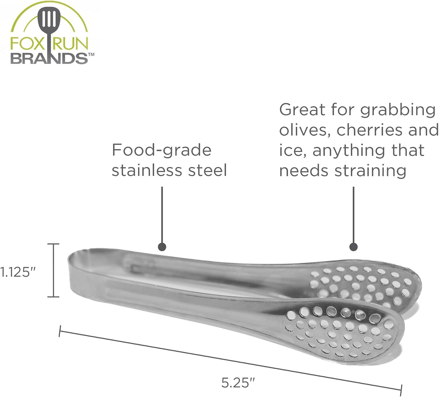 Fox Run Stainless Steel Mini Straining Tongs For Ice, Tea Bags, Olives, Cherries and More, 5"