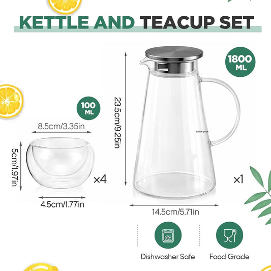 Thenshop 5 Pcs Glass Teapot Set- 60 Oz/1800 ml Glass Teapot, Stovetop Safe | Infuser and 4 Pcs 3.4 oz Insulated Tea Cups, Clear Tea Kettle for Loose Leaf Maker, Tea Maker Gift Set for Women