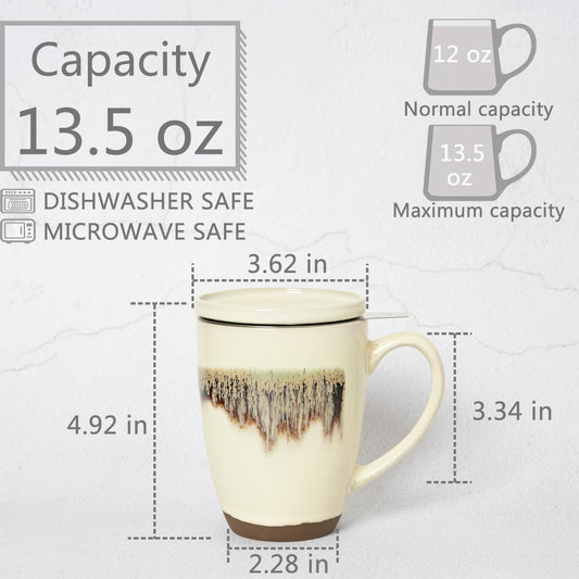 Bosmarlin Ceramic Tea Cup with Infuser and Lid, 13.5 Oz, Loose Leaf Tea Steeper Mug with Strainer, Microwave and Dishwasher Safe, Reactive Glaze (13.5 Oz, Pale Green)
