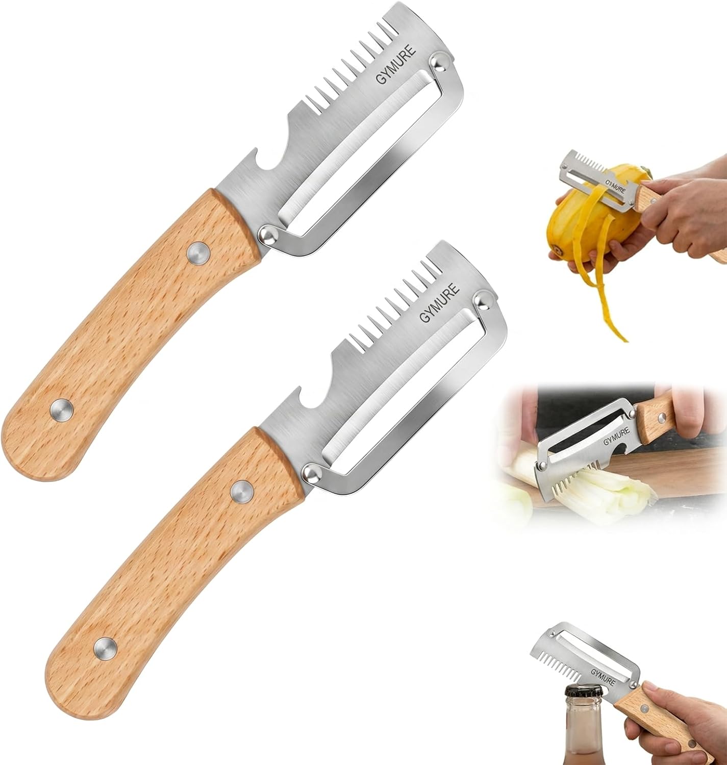 2026 New Multifunctional Vegetable Peeler with Wooden Handle and Bottle Opener, Stainless Steel Peeler for Kitchen, Multi Functional Vegetable Peeler for Fruit Potato Carrot Pumpkin Zucchini (1-Pack)