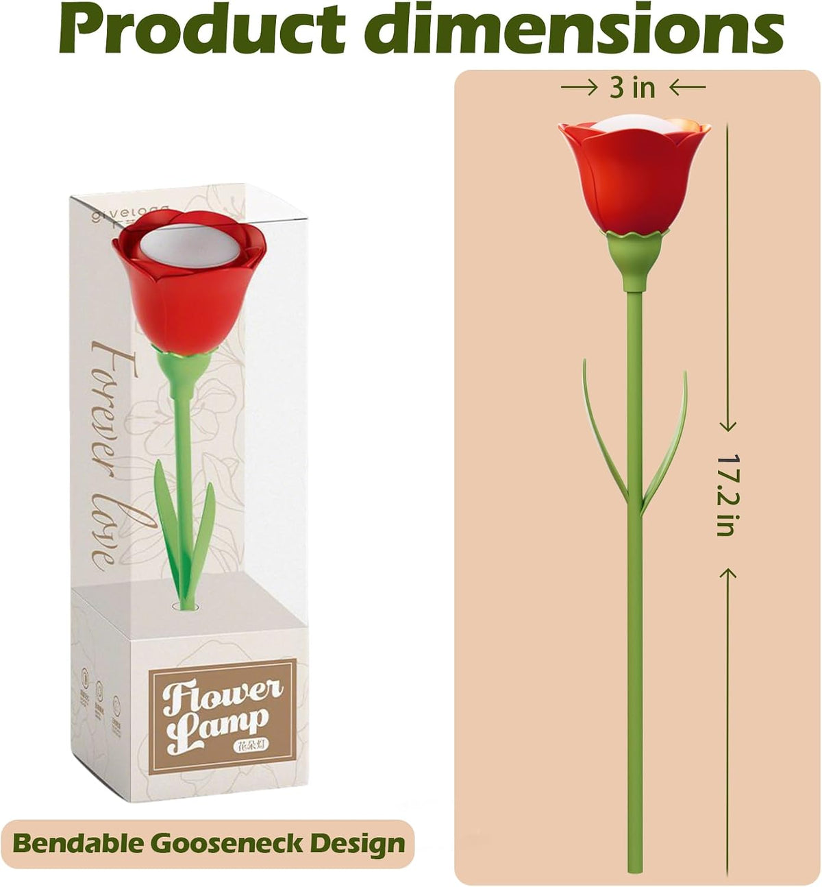 Rose Flower Lamp Rechargeable Reading Light for Bed,3-Color Modes Adjustable Brightness Small Night Light Neck Reading Light,Festival Gifts for Kids Mom Girlfriend Grandma(Orange-red)