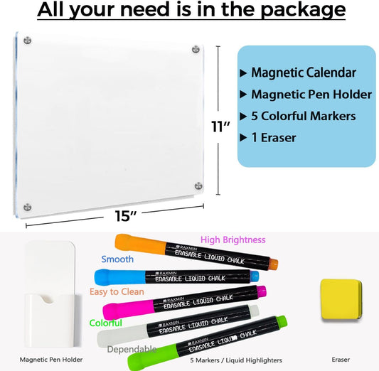Acrylic Note Board Refrigerator Dry Erase Board Magnetic Clear 15”x11 Includes 4 Dry Erase Markers