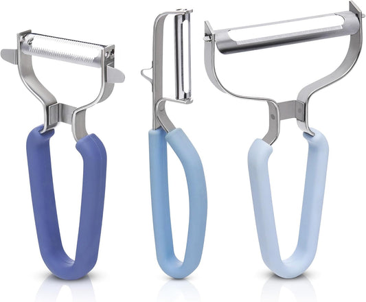 CuttleLab Vegetable Peeler Set – Serrated, Straight & Wide Blades- great apple peeler & potato peelers, Carrots, Zucchini, Cucumbers – Soft Grip Handle- Eye Remover – Dishwasher Safe (3, Country Chic)