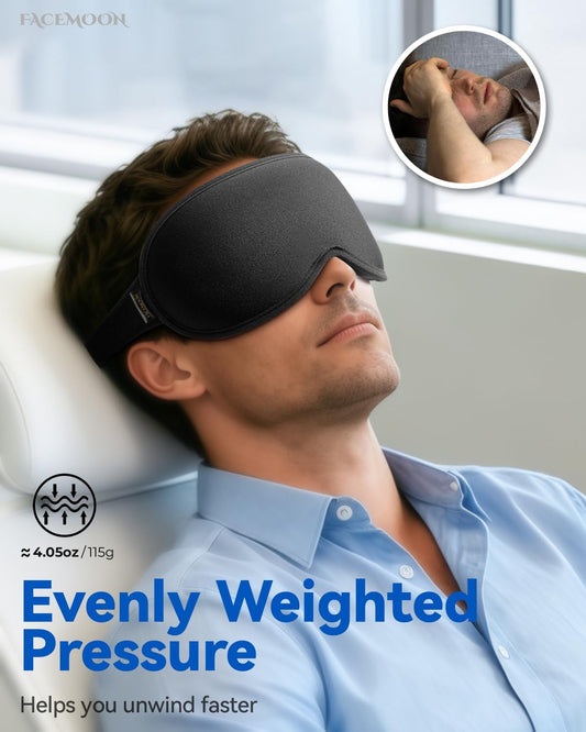 3D Blackout Weighted Eye Mask for Sleep, Airplane Travel Essential | Long flights, road trips, gentle weighted comfort, deep cups, lash-friendly, adjustable strap, daytime naps for men & women