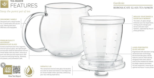 Teabloom Gardenia Glass Teapot with Infuser – 100% Borosilicate Glass, Microdot Infuser for Loose Leaf Tea, 27 oz (3-Cup) Capacity, Plastic-Free & Lead-Free, Stovetop Safe