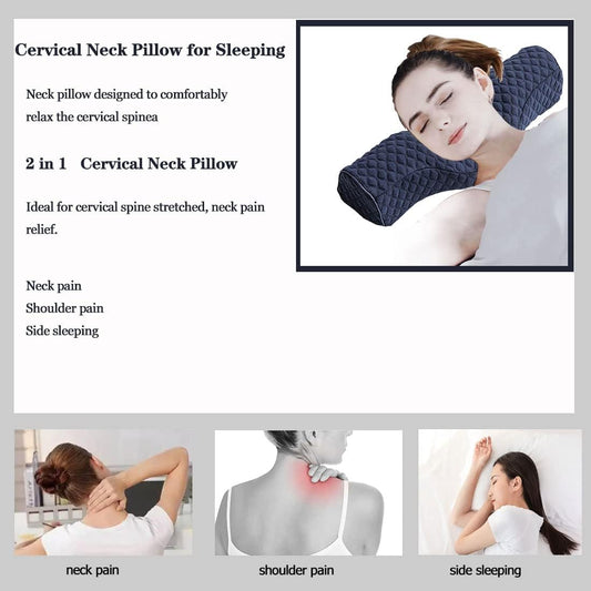 Cervical Neck Pillow for Pain Relief Sleeping, Neck roll Pillow Memory Foam for Stiff Neck Pain Relief ,Travel Bolster Pillow for Bed for Side Sleepers Back Sleeper. (Blue)