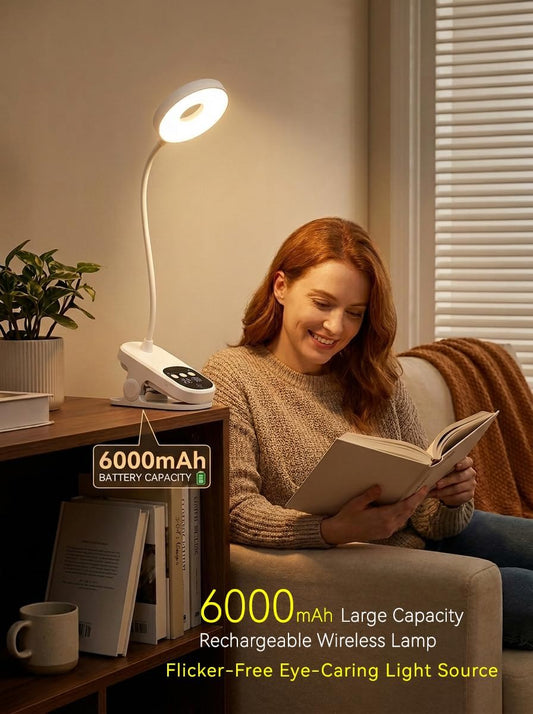 Clip On Desk Lamp Wireless 6000mAh Rechargeable LED Reading Light 3 Colors | Clip-On Light Works As Desk Lamp, Bed Headboard Light, Dorm Study Lamp And Book Light; Fits Home, Office,Camping & More