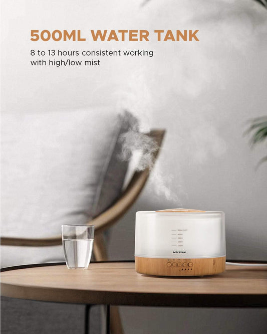 muson Essential Oil Diffuser Sound Machine Combo Diffuser for Aromatherapy Fragrant Oil Cool Mist Humidifier with Natural Sound Music & Warm Night Light, Auto Shutoff, White