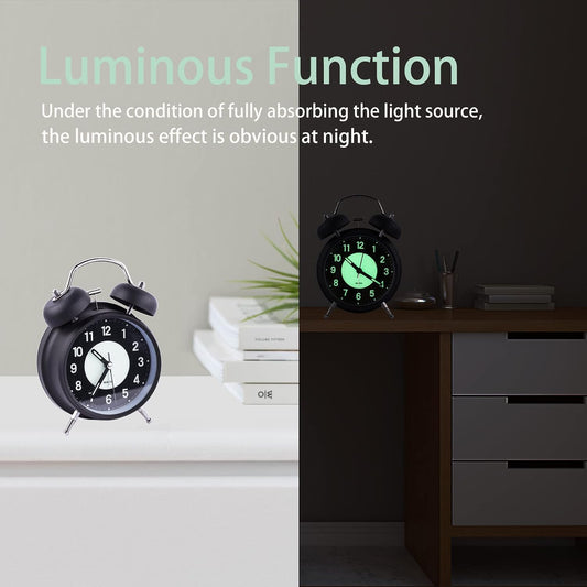 Alarm Clock Luminous 4 "Round Silent Analog Table Clock Non-Ticking, Battery Operated with Loud Alarm and Night Light Small Desk Clock for Bedroom, Bedside Table