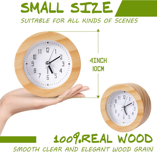 Wooden Analog Alarm Clock Silent Non-Ticking Desk Clock Battery Operated Table Clock with Nightlight for Bedroom,Children's Room, Living Room,Natural(4Inch)