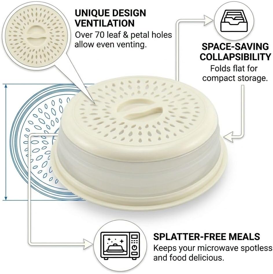 Microwave Splatter Cover for Food – Collapsible, Heat Resistant Vented Lid with Easy-Grip Handle, PP+TPR Plastic, Dishwasher Safe Kitchen Gadget, Green