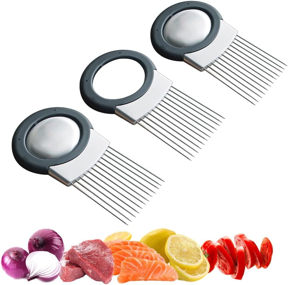 2025 Upgraded Onion Holder for Slicing, Stainless Steel Onion Slice Holder Lemon Slicer Vegetable Cutter, Home Kitchen Tools Onion Holder for Slicing, Meat, Onion, Potato, Tomato (A-1Pcs)