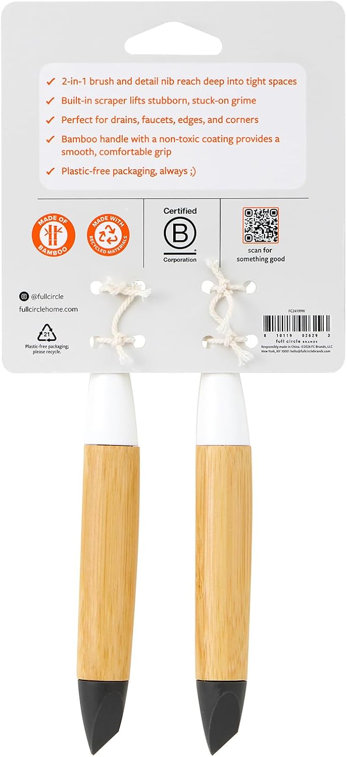 Full Circle Every-Crevice Detail Brush for Grout, White | Tough bristles & a sustainable bamboo handle reach deep into crevices, showers & grout