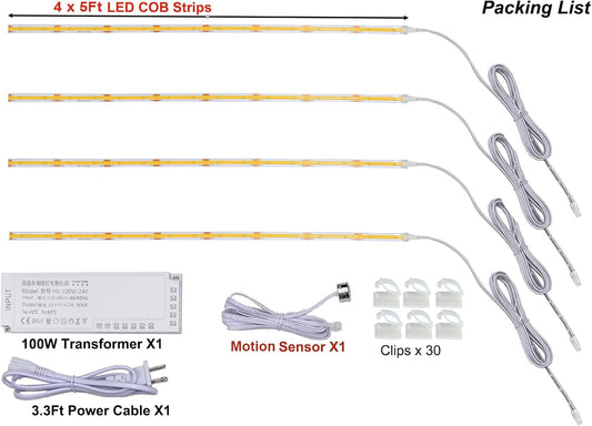4 x 5Ft Under Cabinet Lights Kit, Motion Sensor COB LED Strip,for Kitchen Cabinets,Cupboards, Closets, Stairs, Pantry,Shelf, Desk, and Bed (Warm White 3000K, 4 * 5Ft)