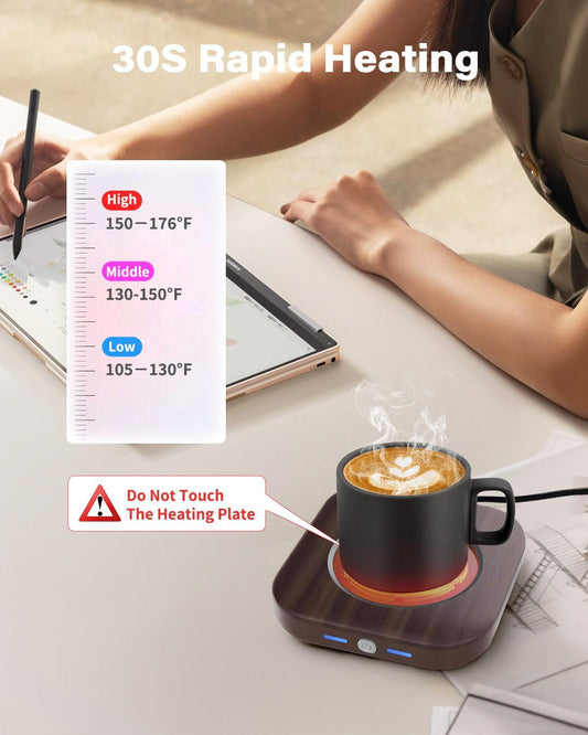 Mug Warmer - 3-Temp Settings Coffee Mug Warmer for Desk with 4 Hrs Auto Shut Off, Fastest Heating & Smart Wood Candle Warmer - Ideal Coffee Gifts Accessories Keep Beverages Coffee Warmer