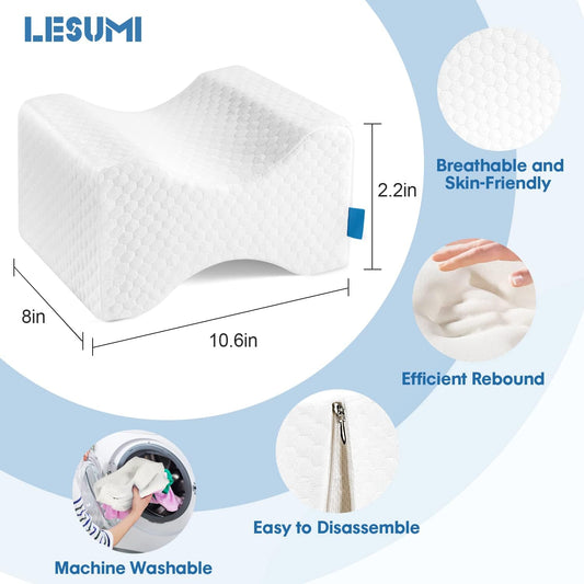 LESUMI Memory Foam Knee Pillow, Sleeping Leg Pillow, for Side Sleepers & Pregnant Women - for Spinal Alignment, Relief Sciatica, Knee, Back, Leg & Hip Pain, with Washable Cover & Travel Bag, White