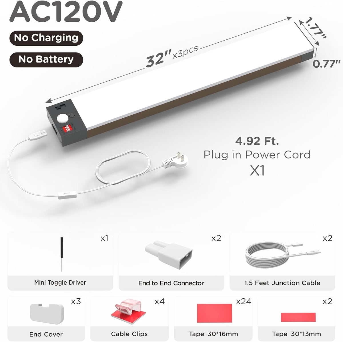 Under Cabinet Lighting Plug in, AC120V 3CCT 3000/4000/5000K Motion Sensor Light Indoor with Timer, Super Bright Linkable LED Counter Light for Kitchen, Closet, White 12 Inch, 1Pack