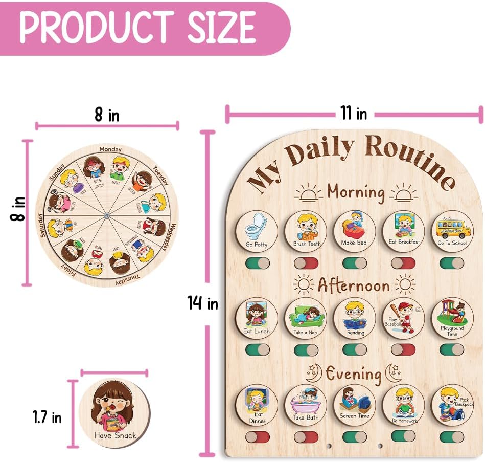 TinyKidz Wooden Daily Routine Chart 11x15, Schedule Board for Kids, Wooden Chore Chart for Kids, Responsibilities Chart for Toddlers, Morning Bedtime Routine for Toddlers