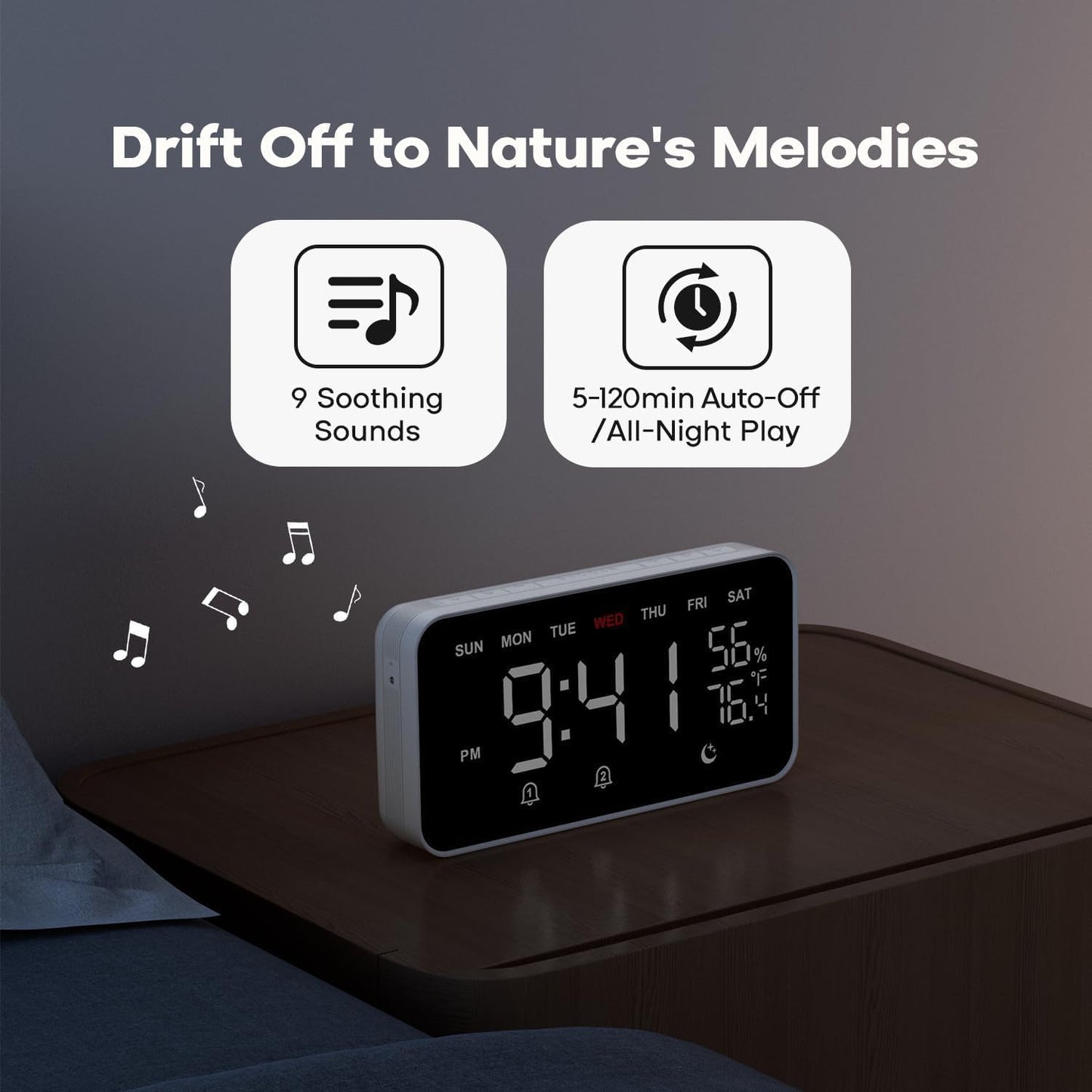 Dekala Digital Alarm Clocks for Bedrooms, Loud Alarm Clock for Heavy Sleepers, Temperature & Humidity Detect, Dual Alarms Weekday/Weekend Mode, Large Display Auto Dimmer, Sleep Sound,9 Ringtone