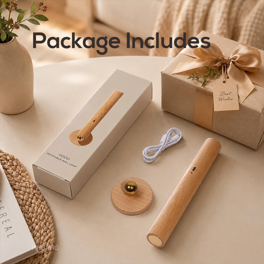 Wooden Wall Lamp 360° Rotatable Magnetic Sconce Rechargeable Bedside-1 Pack | Night light bar with stepless dimming,USB-C. Modern style mount on table, desk for reading, artwork,ambient home