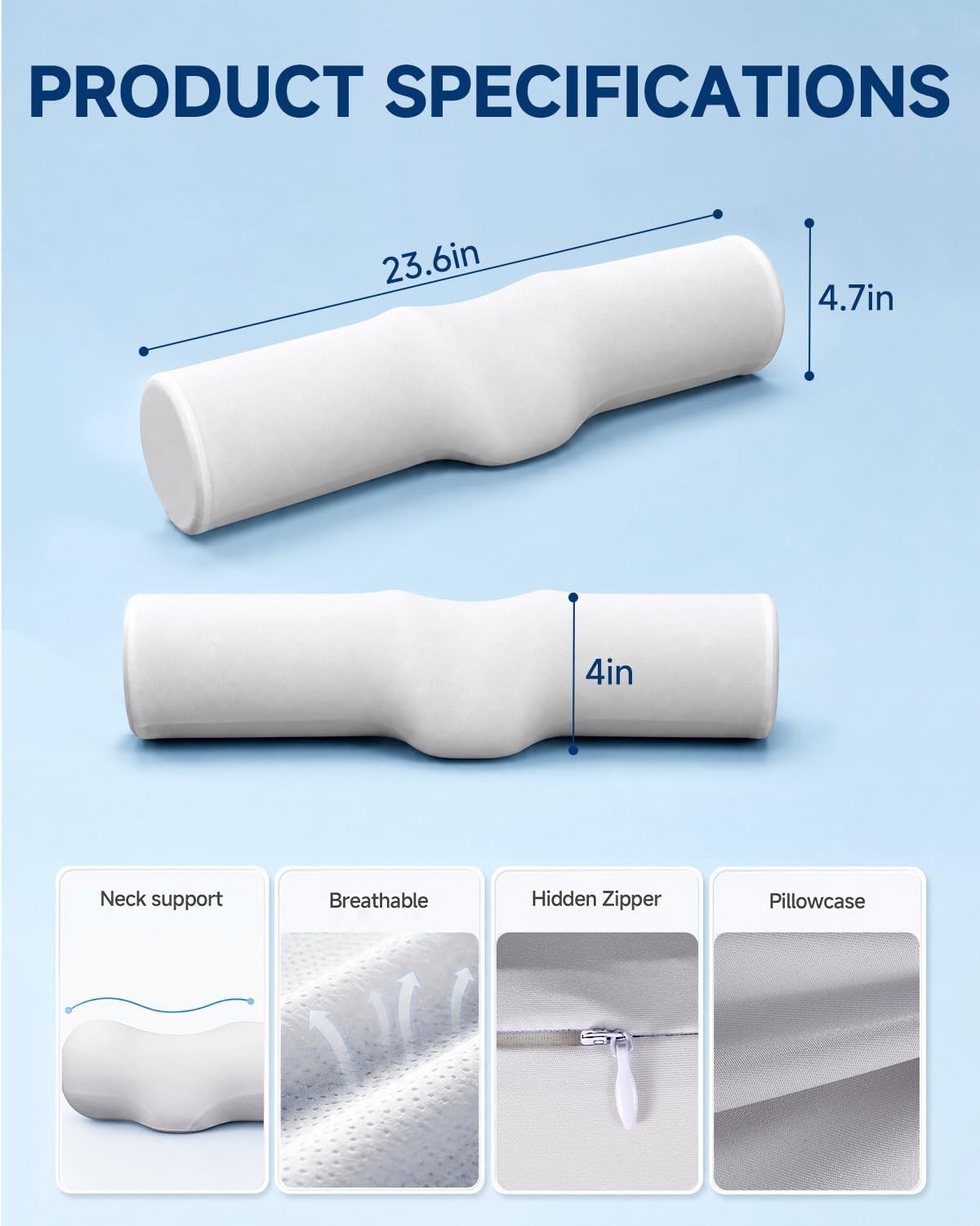 SMDR Cervical Neck Pillow for Pain Relief Sleeping, Memory Foam Neck Roll with Firm Ergonomic Support, Round Bolster for Neck and Shoulder Comfort, Washable Cover, 4.71" x 23.61"