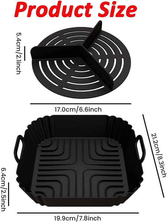 2 Pack Square Silicone Air Fryer Liners, With Round Divider Split for 3 Flavors, Reusable Silicone Basket, Air Fryer Accessories, 1 Pack Red + 1 Pack Black