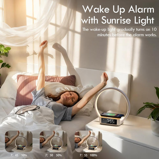 WILIT Bedside Lamp with Alarm Clock, Sunrise Wake-up Light, Wood Grain