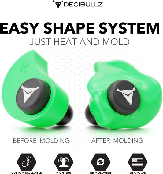 Decibullz Custom Molded Ear Plugs, 31dB NRR Shooting Ear Protection (Green)