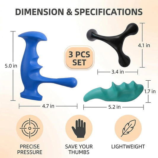 Trigger Point Massage Tool 3 Pcs Set | For Neck Back Shoulders Legs, Durable Plastic Thumb Saver and 3 Legged Massager, Portable Manual Tool for Muscle Knot Relief