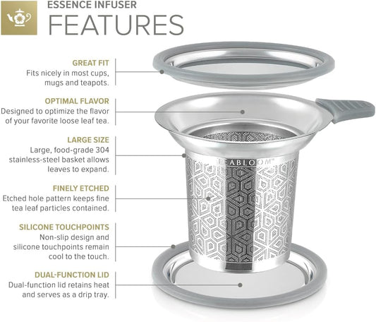 Teabloom Elegant Stainless Steel Loose Leaf Tea Infuser with Lid & Drip Tray – Extra Fine Mesh Basket for Mugs, Cups & Small Teapots – Food Grade Materials, Dishwasher Safe