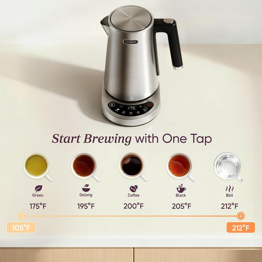 Cosori Stainless Steel Electric Kettle with Temperature Control, 1.7L | No Plastic Contact with Water, 5 Presets, ±5°F Temp Control, 60-Min Keep Warm, Dual Lid Opening, Tea, Coffee & Hot Water