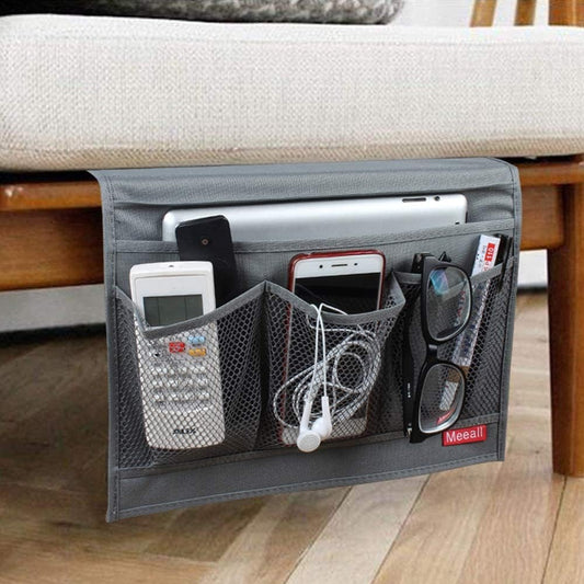 Bedside Storage Organizer with 4 Pockets, Bedside Caddy, Table Cabinet Storage Organizer for TV Remote Control, Phones, Magazines, Tablets, Accessories, Grey