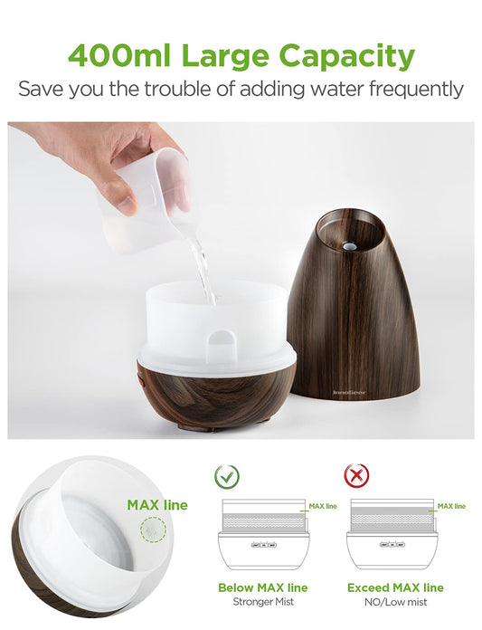 InnoGear 400ml Essential Oil Diffusers for Home Scent Humidifier, Brown | Adjustable Mist, Automatic Shut-Off, Cool Mist Humidifier, Ultrasonic, Large Room, Run up to 10hrs, Waterless Auto Off, Home