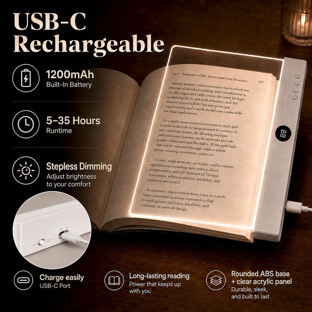 LED Page Reading Light, Rechargeable Flat Book Light, Normal White | Flat Rechargeable Page Light with Timer | 3 Light Modes | Stepless Dimming | Clear Acrylic Panel for Dorm Reading