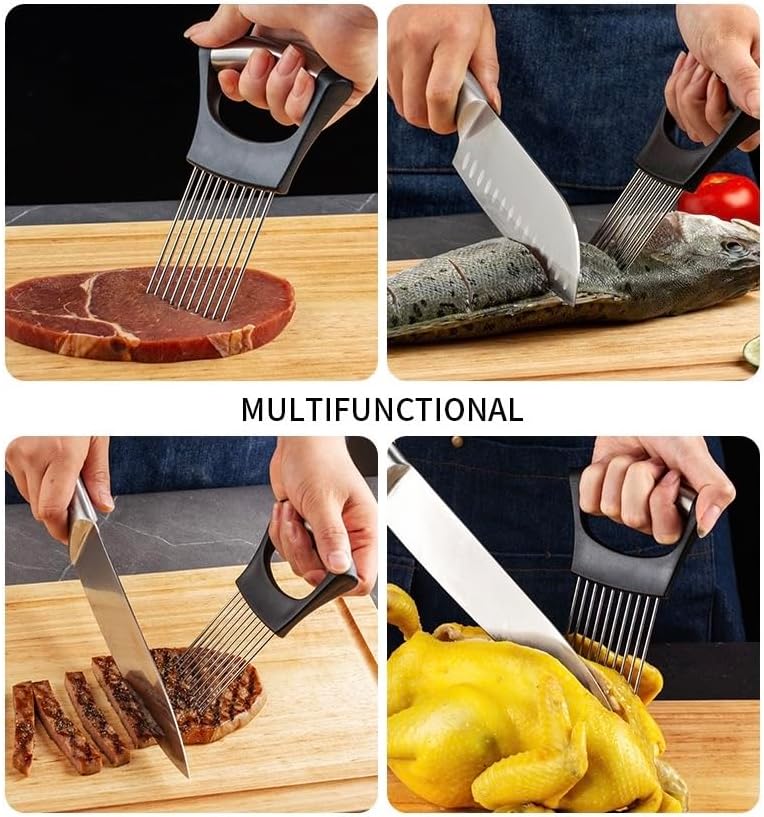 Large Onion Slice Holder, Stainless Steel Onion Cutter Lemon Slicer Vegetable Cutter, Vegetable Chopper Tomato Slicer Assistant Tool for Onion, Meat, Eggs, Tomato, Potato (CLASSIC (L1-1PCS))