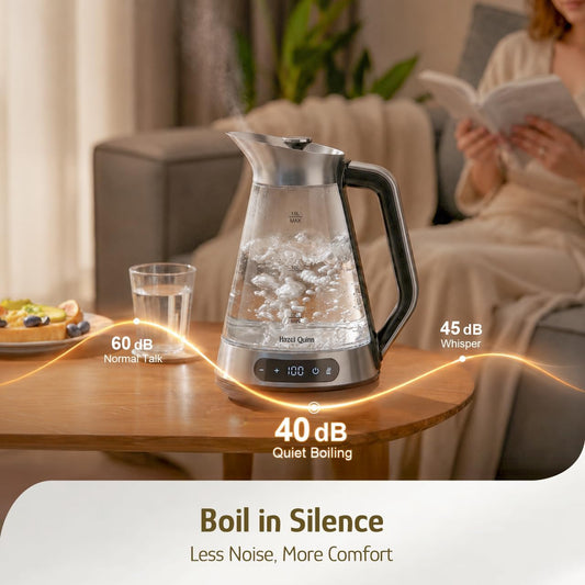 Hazel Quinn Glass & Stainless Steel Electric Kettle, 1.5 Liters Tea Kettle | Quiet Boil, ±1°C Temp Control, 24H Keep Warm, Anti-Residue Bottom, Auto Shut-Off, BPA-Free Hot Water Kettle, 1000W Fast Boil